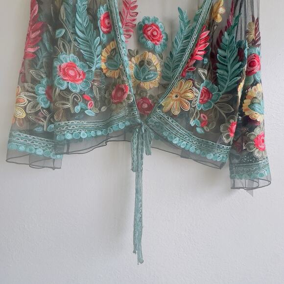 Rachel Zoe Embroidered Mesh Kimono One Size Sheer Floral Boho Resortwear Festiva - Picture 3 of 10